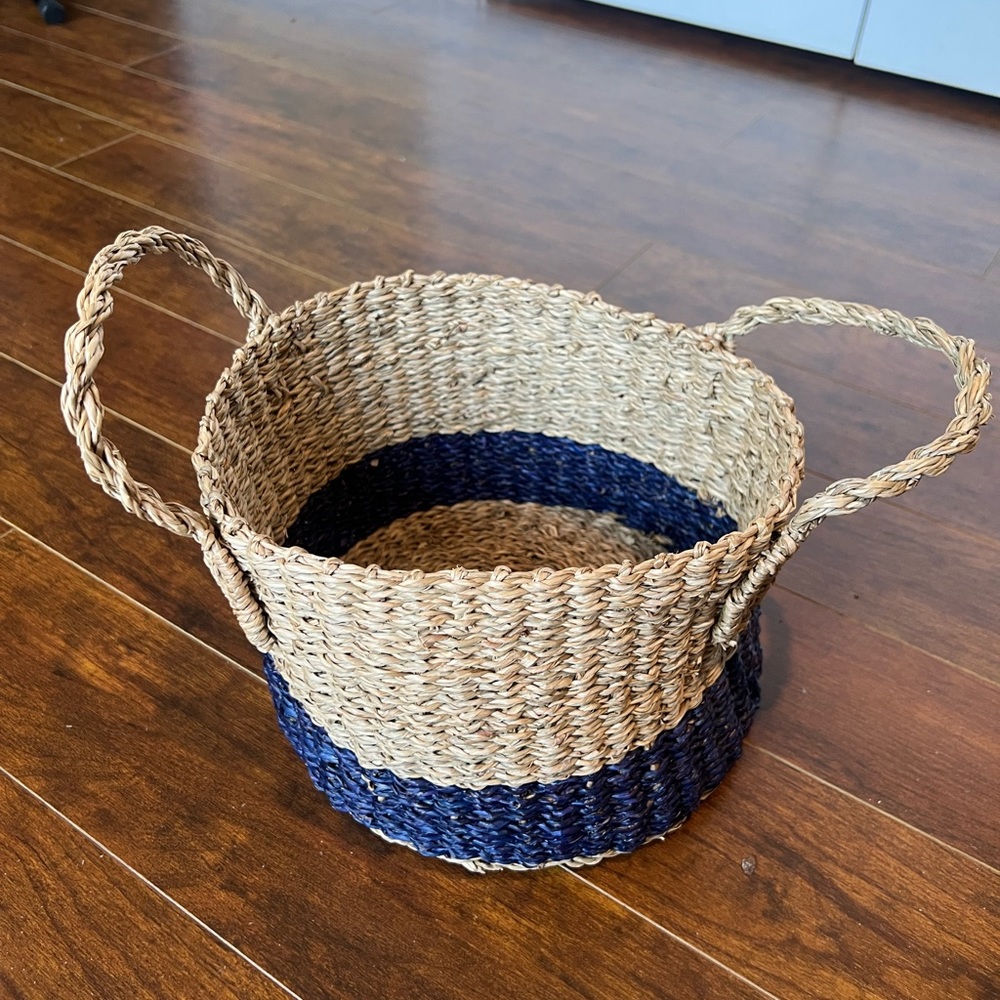 Tan and navy weaved gift basket